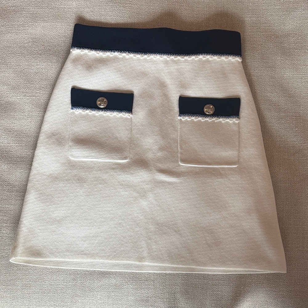 Maje White and Navy Blue Pocket Mini Skirt